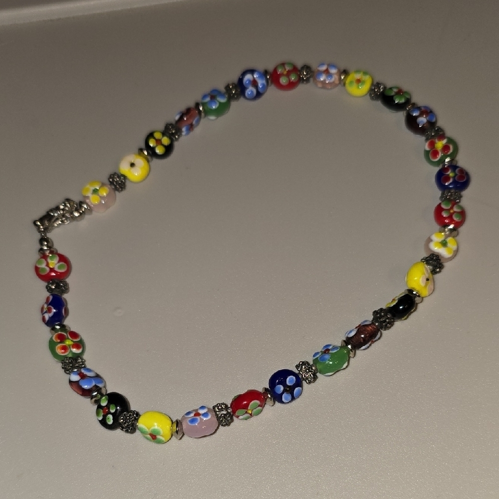 🌈 Rainbow Multicolor Beaded Glass Necklace with Silver Accents 🏳️‍🌈
